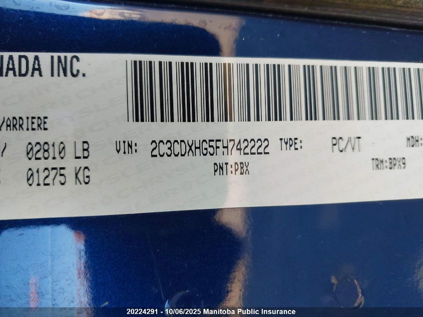 2015 Dodge Charger Sxt VIN: 2C3CDXHG5FH742222 Lot: 20224291