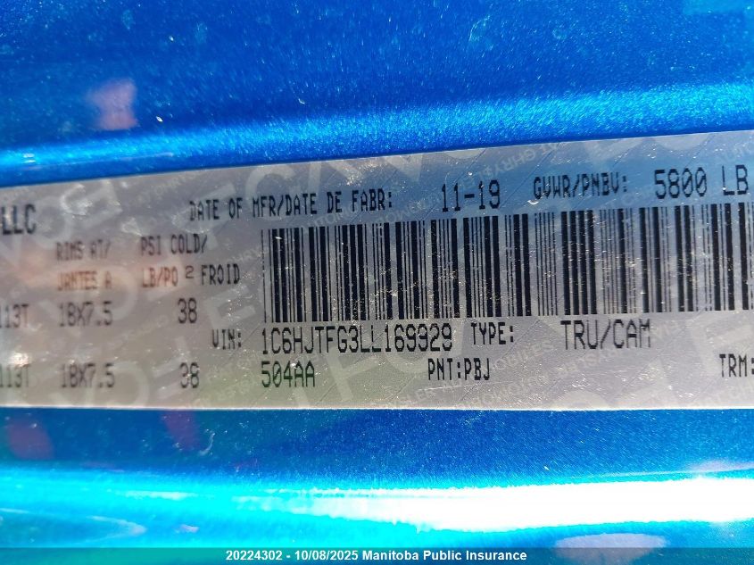 2020 Jeep Gladiator Overland VIN: 1C6HJTFG3LL169929 Lot: 20224302