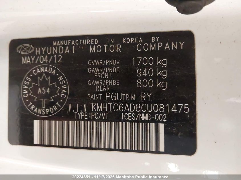 2012 Hyundai Veloster VIN: KMHTC6AD8CU081475 Lot: 20224351