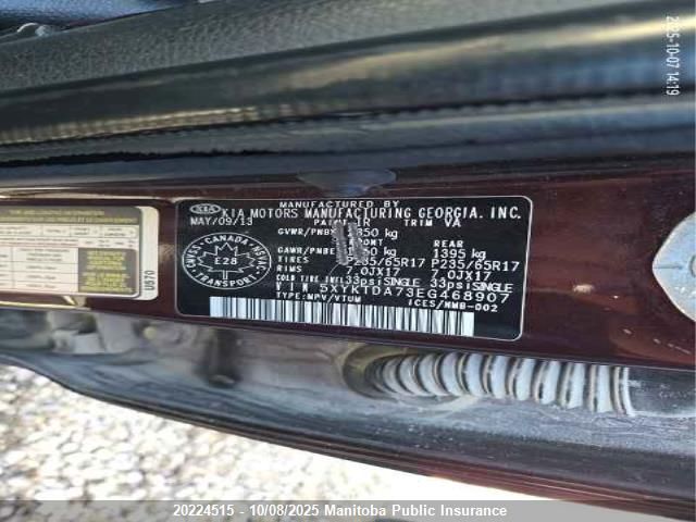 2014 Kia Sorento Lx V6 VIN: 5XYKTDA73EG468907 Lot: 20224515