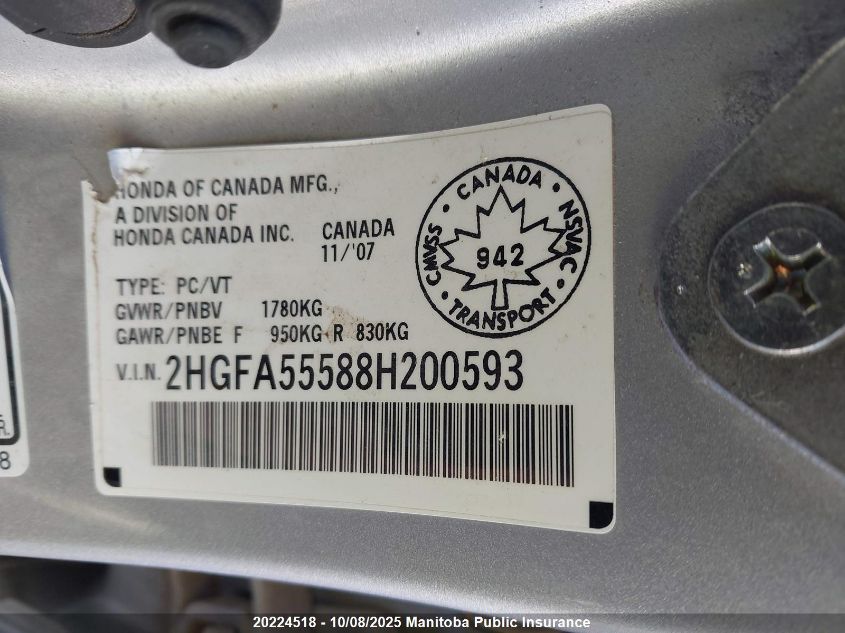 2008 Honda Civic Si Si VIN: 2HGFA55588H200593 Lot: 20224518