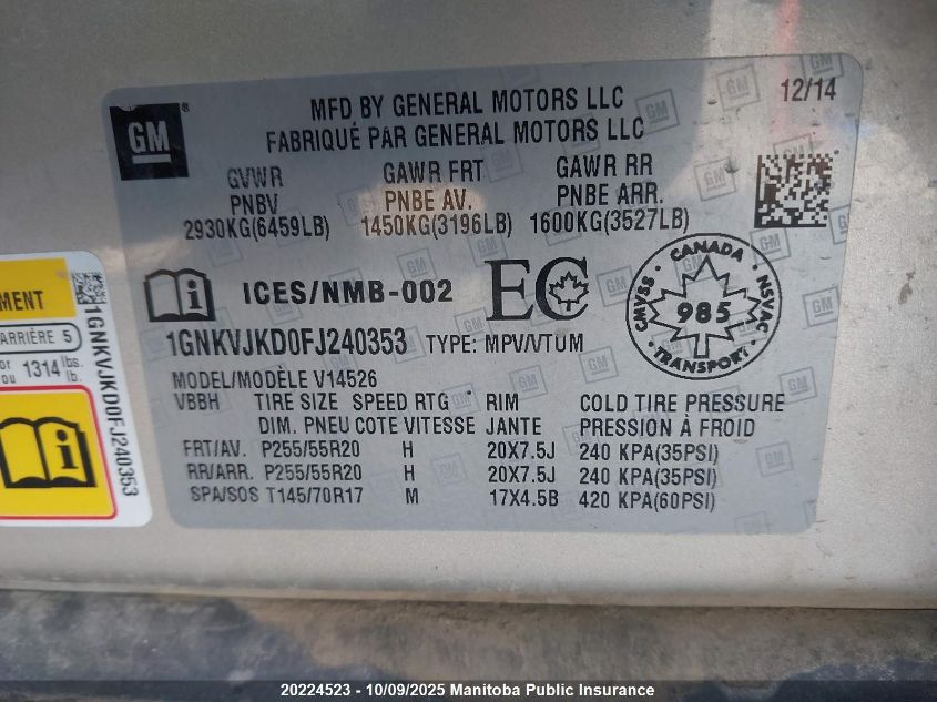 2015 Chevrolet Traverse Ltz VIN: 1GNKVJKD0FJ240353 Lot: 20224523
