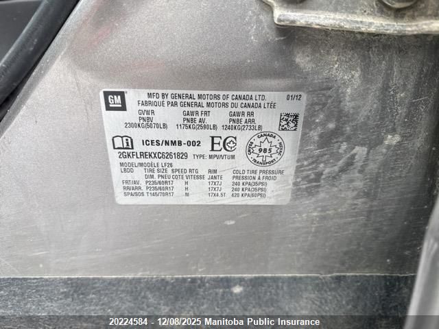 2012 GMC Terrain Sle VIN: 2GKFLREKXC6261829 Lot: 20224584