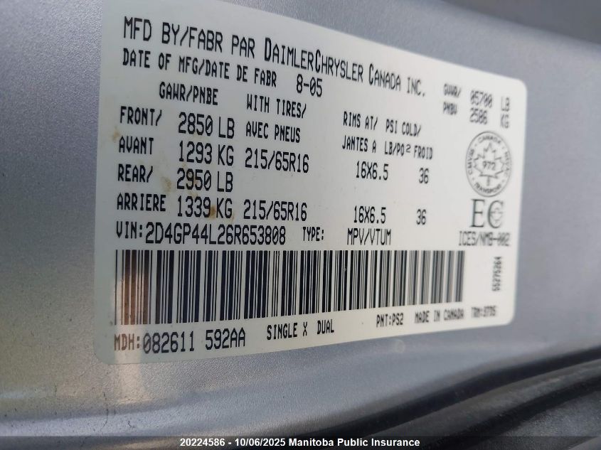 2006 Dodge Grand Caravan Sxt VIN: 2D4GP44L26R653808 Lot: 20224586