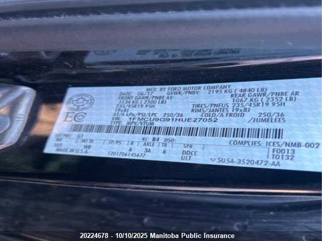 2017 Ford Escape Se VIN: 1FMCU9G91HUE27052 Lot: 20224678