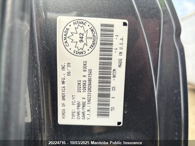 2009 Honda Accord Ex-L VIN: 1HGCS12829A801540 Lot: 20224716