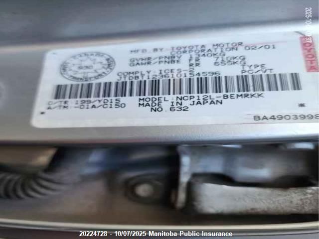 2001 Toyota Echo VIN: JTDBT123610154596 Lot: 20224728