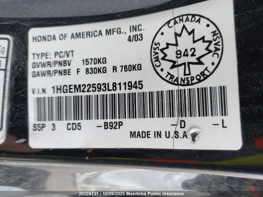 2003 Honda Civic Lx VIN: 1HGEM22593L811945 Lot: 20224731