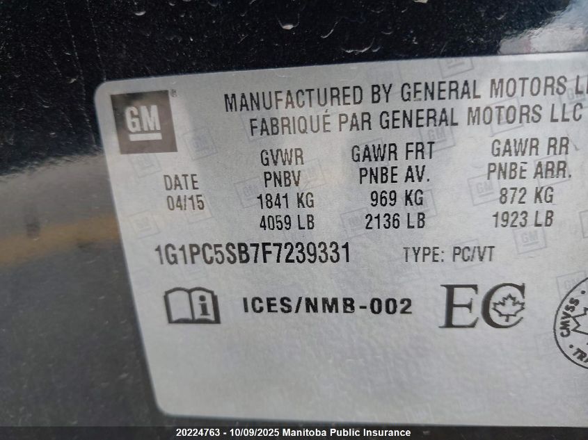 2015 Chevrolet Cruze Lt Turbo VIN: 1G1PC5SB7F7239331 Lot: 20224763