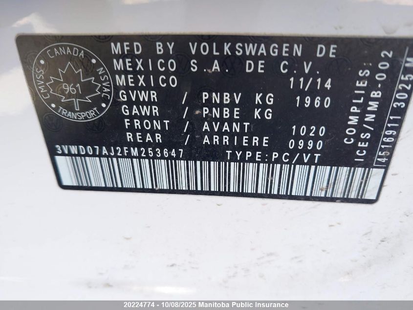 2015 Volkswagen Jetta 1.8 Tsi VIN: 3VWD07AJ2FM253647 Lot: 20224774