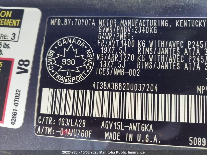 2013 Toyota Venza VIN: 4T3BA3BB2DU037204 Lot: 20224780