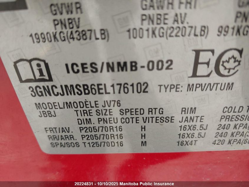 2014 Chevrolet Trax Lt VIN: 3GNCJMSB6EL176102 Lot: 20224831