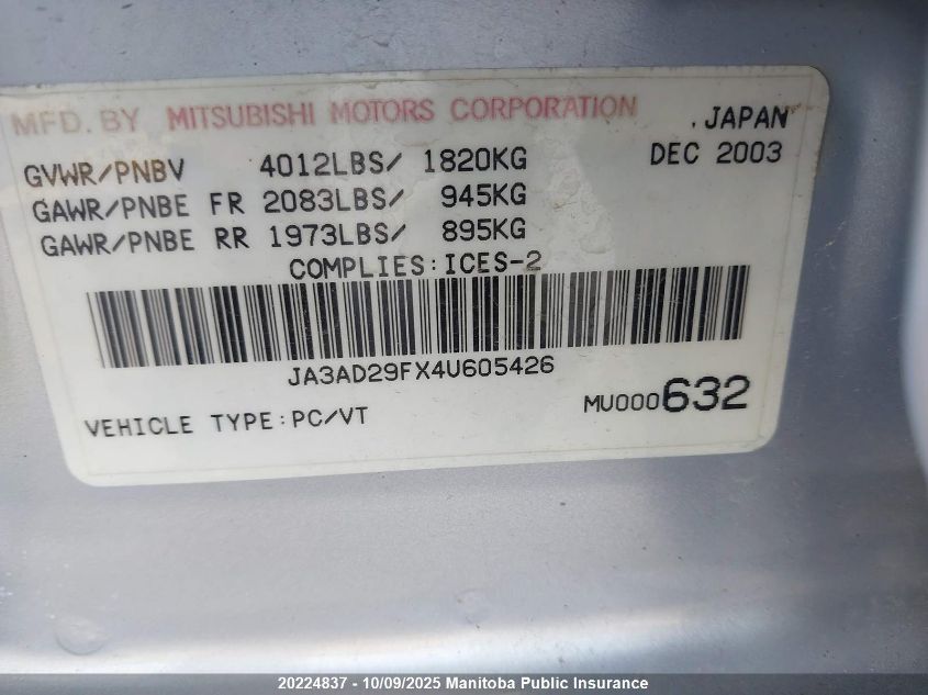 2004 Mitsubishi Lancer Sportback Ls VIN: JA3AD29FX4U605426 Lot: 20224837