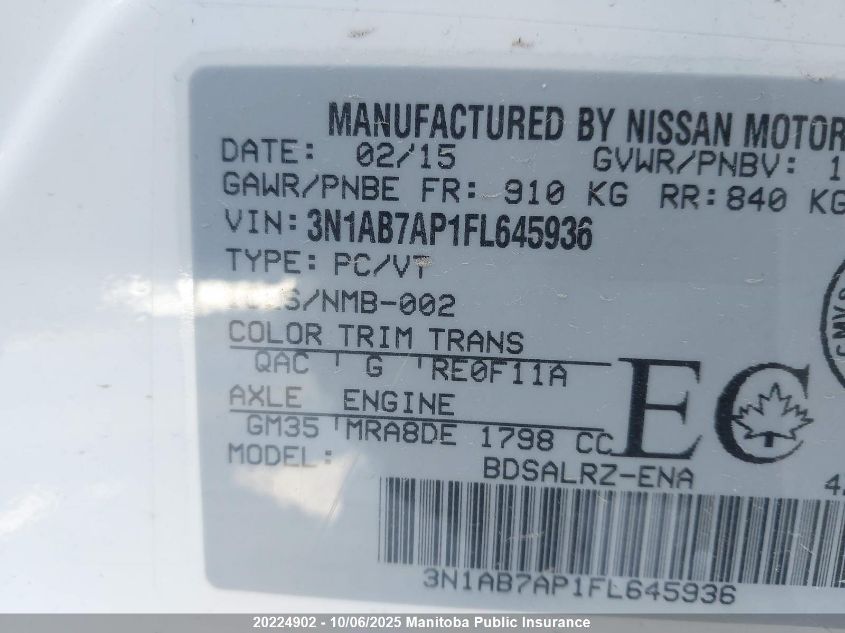 2015 Nissan Sentra 1.8 Sr VIN: 3N1AB7AP1FL645936 Lot: 20224902