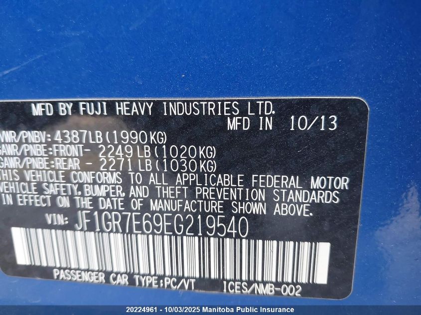 2014 Subaru Impreza Wrx VIN: JF1GR7E69EG219540 Lot: 20224961