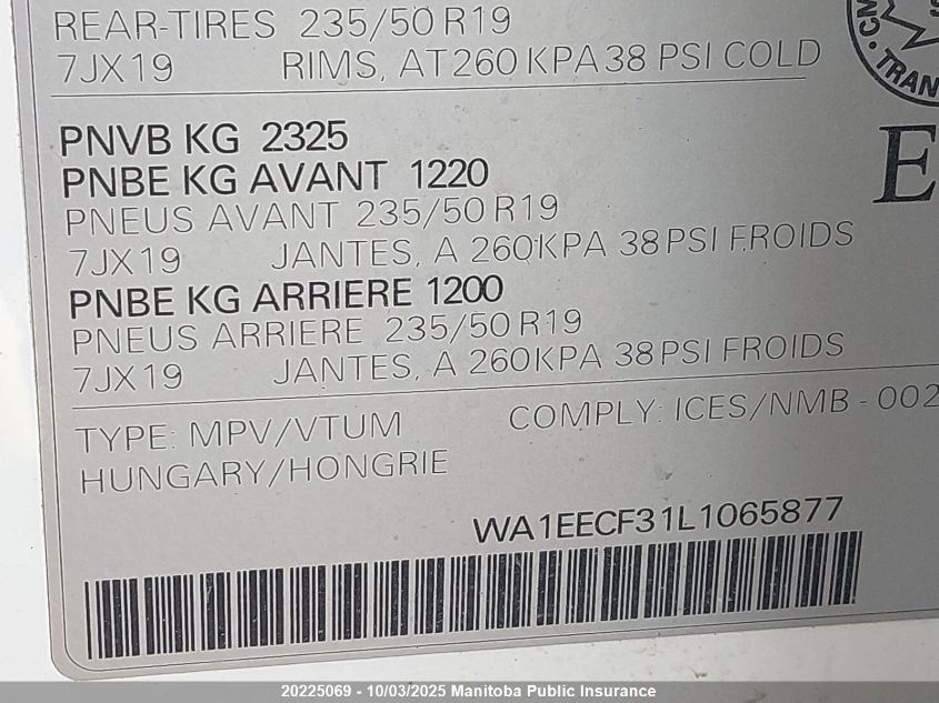 2020 Audi Q3 Progressiv 45 2.0 Tfsi VIN: WA1EECF31L1065877 Lot: 20225069