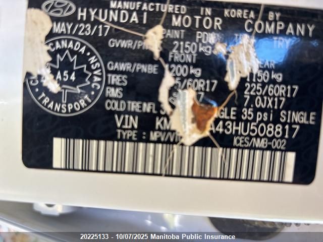 2017 Hyundai Tucson VIN: KM8J3CA43HU508817 Lot: 20225133