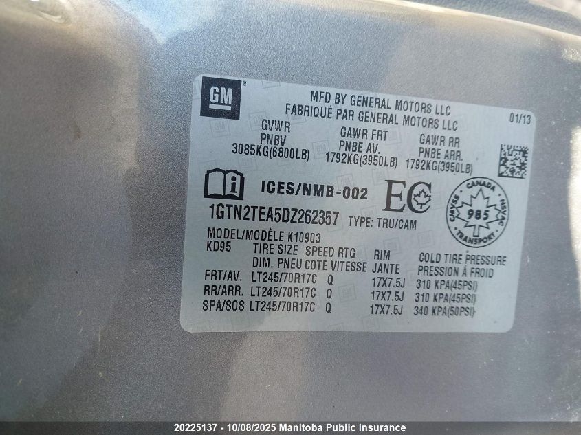2013 GMC Sierra 1500 Sle Pickup VIN: 1GTN2TEA5DZ262357 Lot: 20225137