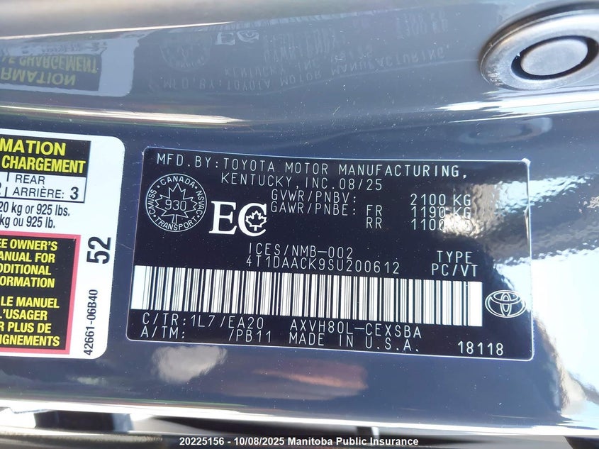 2025 Toyota Camry Se Hybrid VIN: 4T1DAACK9SU200612 Lot: 20225156