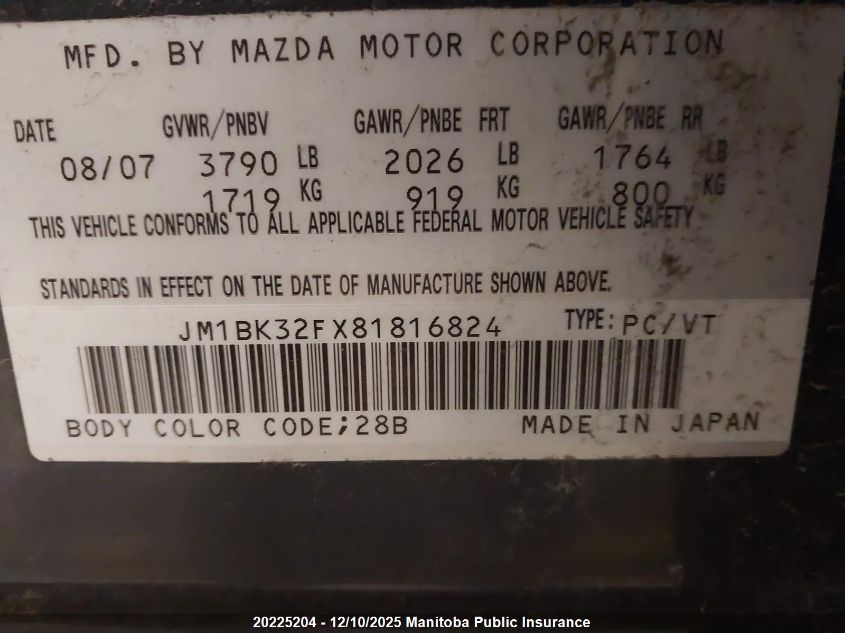 2008 Mazda Mazda3 Gx VIN: JM1BK32FX81816824 Lot: 20225204
