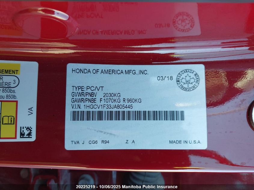 2018 Honda Accord Sport VIN: 1HGCV1F33JA805445 Lot: 20225219