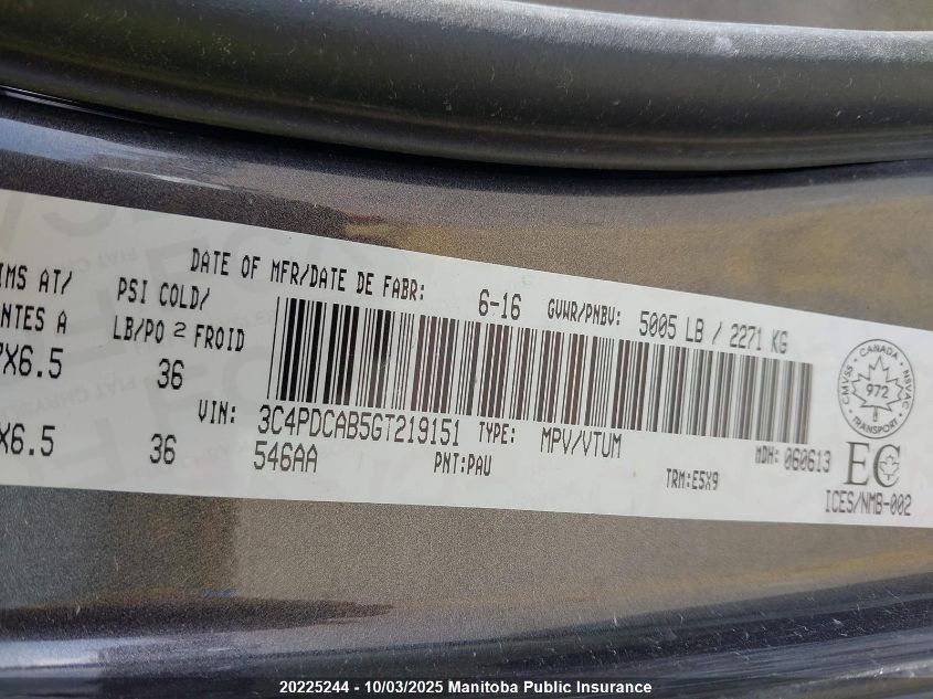 2016 Dodge Journey Se VIN: 3C4PDCAB5GT219151 Lot: 20225244