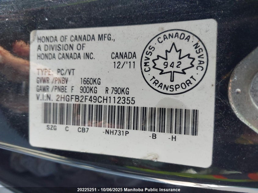 2012 Honda Civic Lx VIN: 2HGFB2F49CH112355 Lot: 20225251