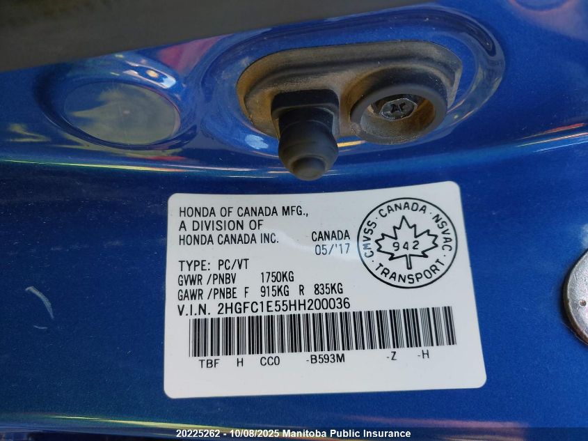 2017 Honda Civic Si Si VIN: 2HGFC1E55HH200036 Lot: 20225262