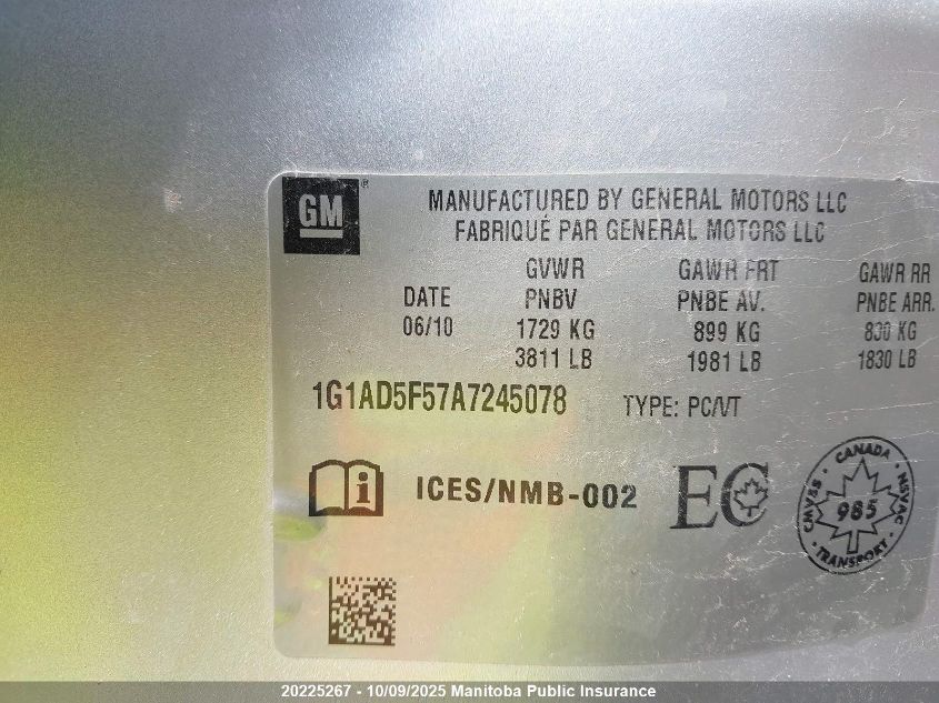 2010 Chevrolet Cobalt Lt VIN: 1G1AD5F57A7245078 Lot: 20225267