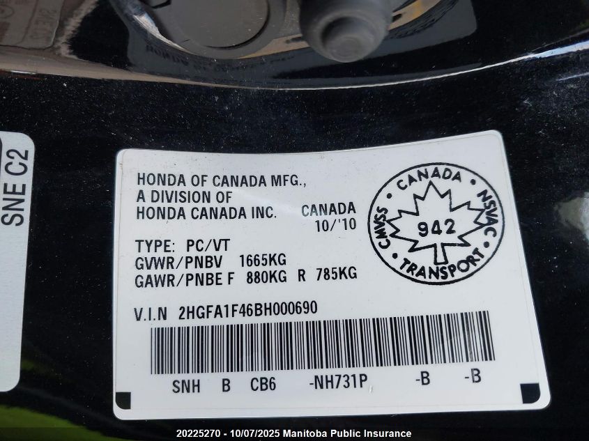 2011 Honda Civic Dx-G VIN: 2HGFA1F46BH000690 Lot: 20225270