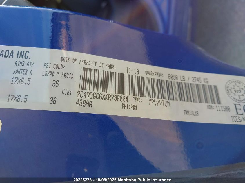 2019 Dodge Grand Caravan VIN: 2C4RDGCGXKR796004 Lot: 20225273