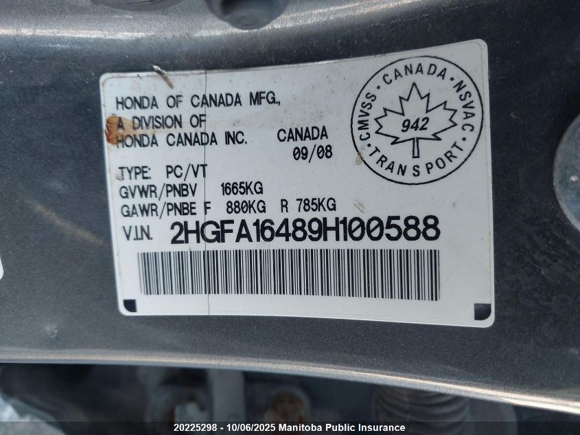 2009 Honda Civic Dx-G VIN: 2HGFA16489H100588 Lot: 20225298