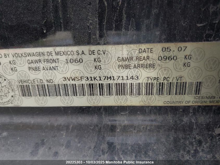 2007 Volkswagen Jetta 2.5 VIN: 3VWSF31K17M171143 Lot: 20225303