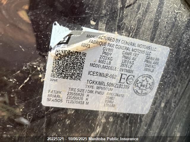 2021 GMC Acadia Sle VIN: 1GKKNRLS0MZ181389 Lot: 20225321