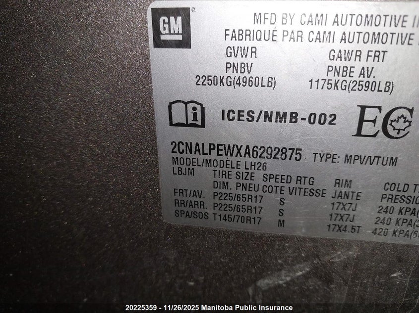 2010 Chevrolet Equinox Lt VIN: 2CNALPEWXA6292875 Lot: 20225359