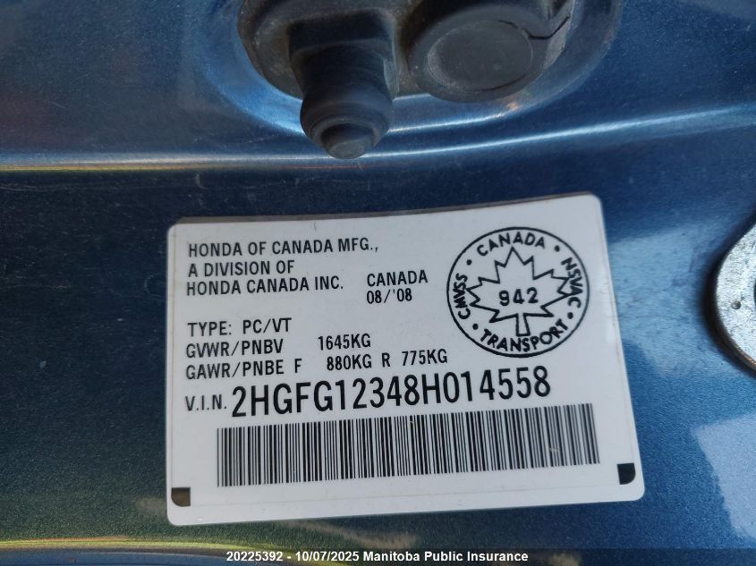 2008 Honda Civic Dx-G VIN: 2HGFG12348H014558 Lot: 20225392