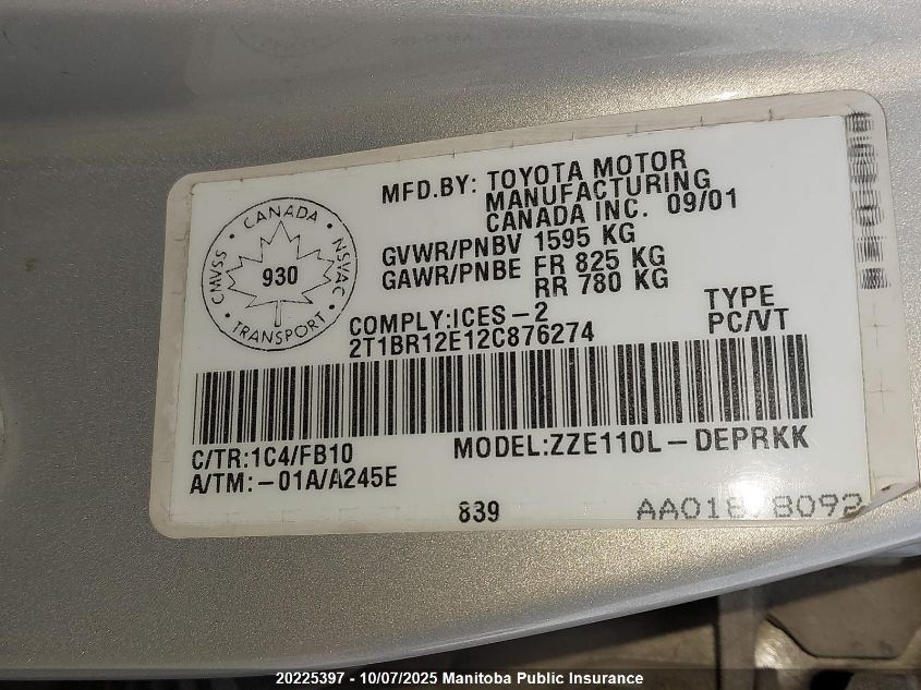 2002 Toyota Corolla Ce VIN: 2T1BR12E12C876274 Lot: 20225397