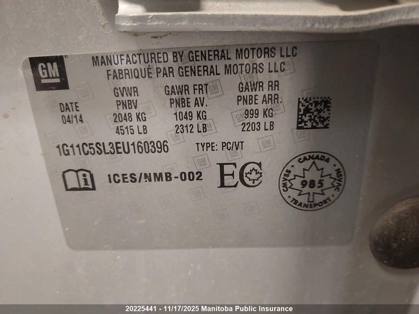 2014 Chevrolet Malibu Lt VIN: 1G11C5SL3EU160396 Lot: 20225441