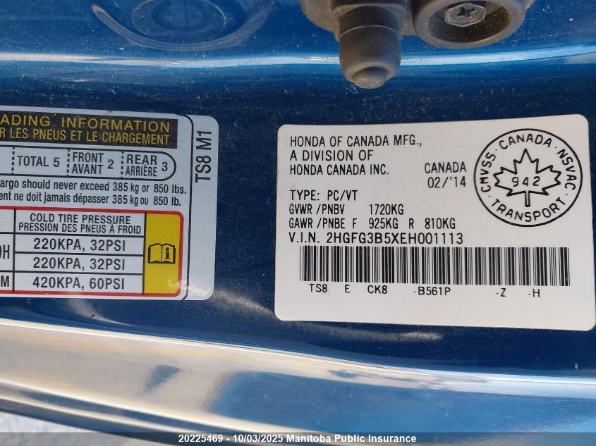 2014 Honda Civic Ex VIN: 2HGFG3B5XEH001113 Lot: 20225469