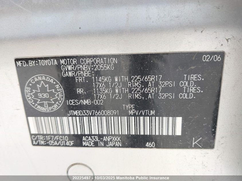 2006 Toyota Rav4 VIN: JTMBD33V766008091 Lot: 20225497