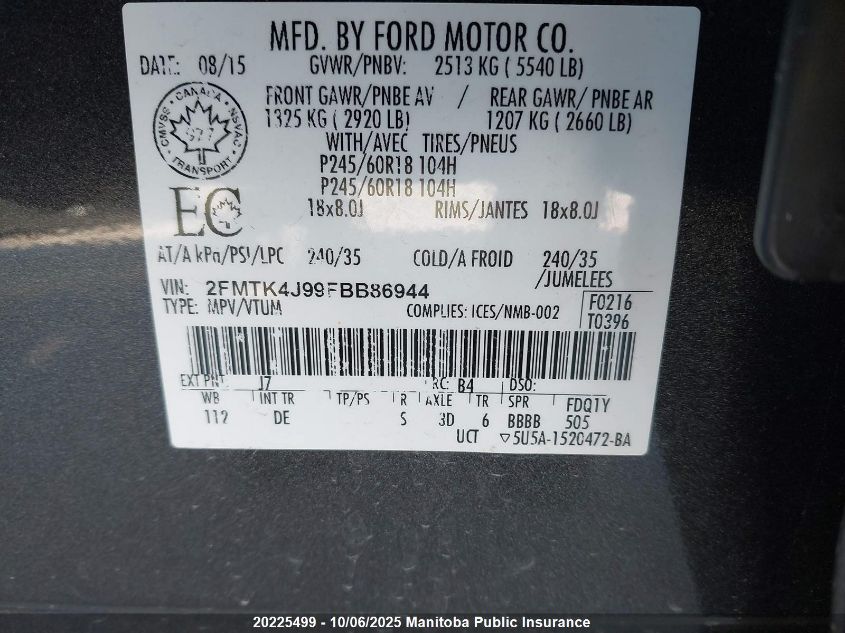 2015 Ford Edge Sel VIN: 2FMTK4J99FBB86944 Lot: 20225499