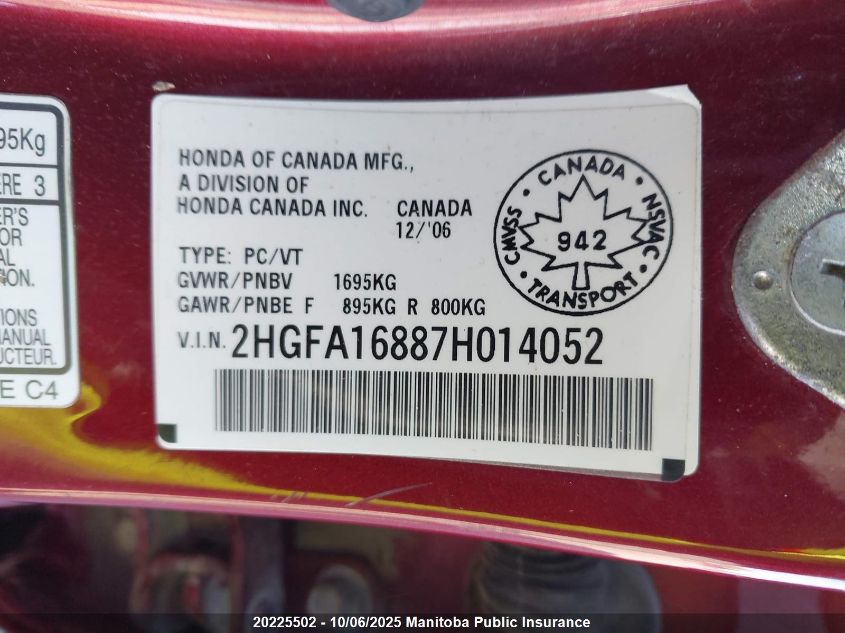 2007 Honda Civic Ex VIN: 2HGFA16887H014052 Lot: 20225502