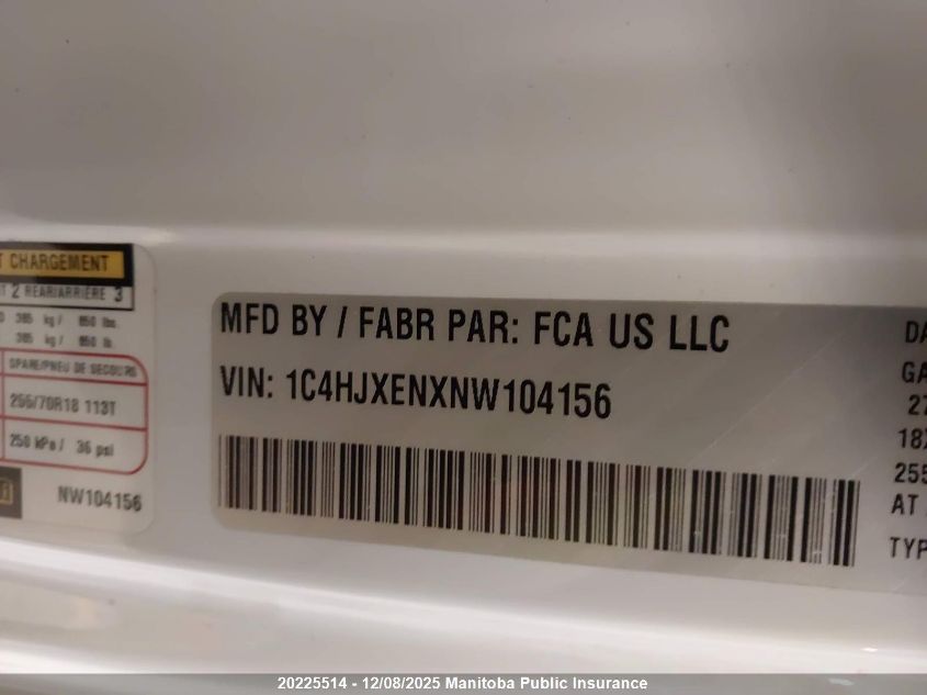 2022 Jeep Wrangler Unlimited Sahara VIN: 1C4HJXENXNW104156 Lot: 20225514