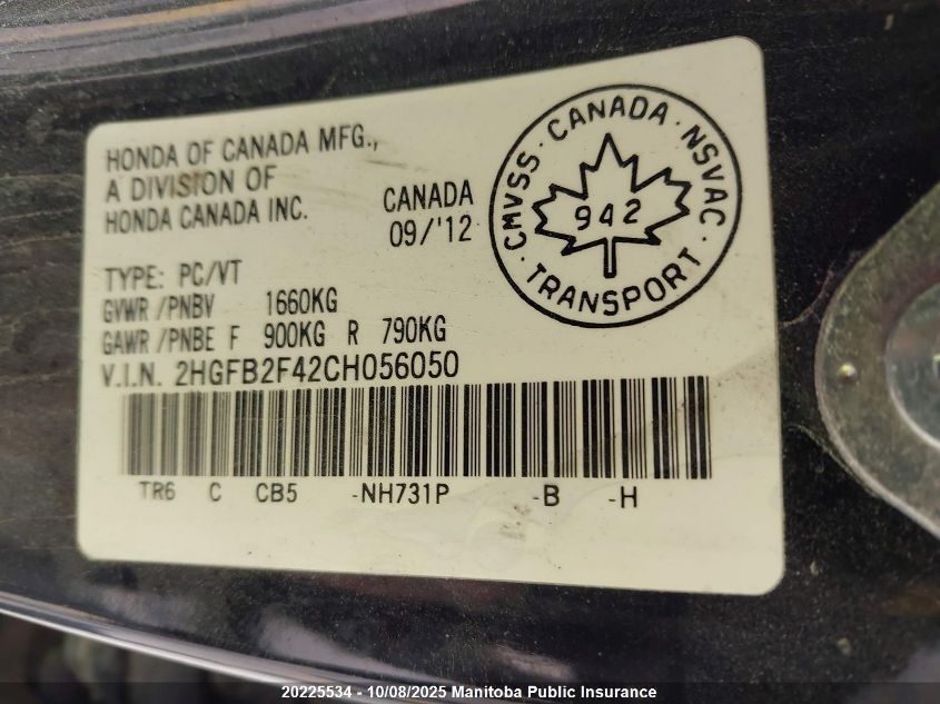 2012 Honda Civic Lx VIN: 2HGFB2F42CH056050 Lot: 20225534