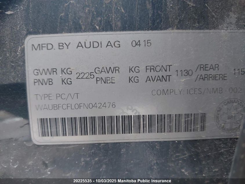 2015 Audi A4 2.0T Quattro VIN: WAUBFCFL0FN042476 Lot: 20225535