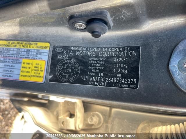 2009 Kia Rondo Lx VIN: KNAFG528497242328 Lot: 20225553