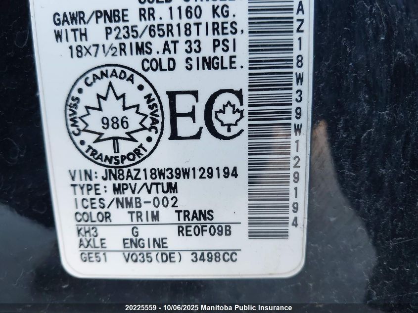 2009 Nissan Murano Sl VIN: JN8AZ18W39W129194 Lot: 20225559