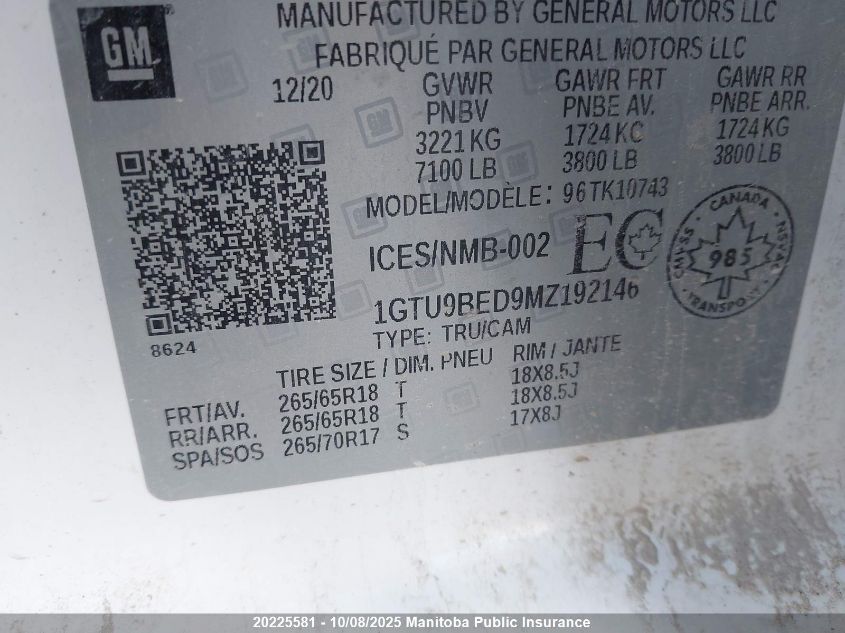 2021 GMC Sierra 1500 Crew Cab VIN: 1GTU9BED9MZ192146 Lot: 20225581