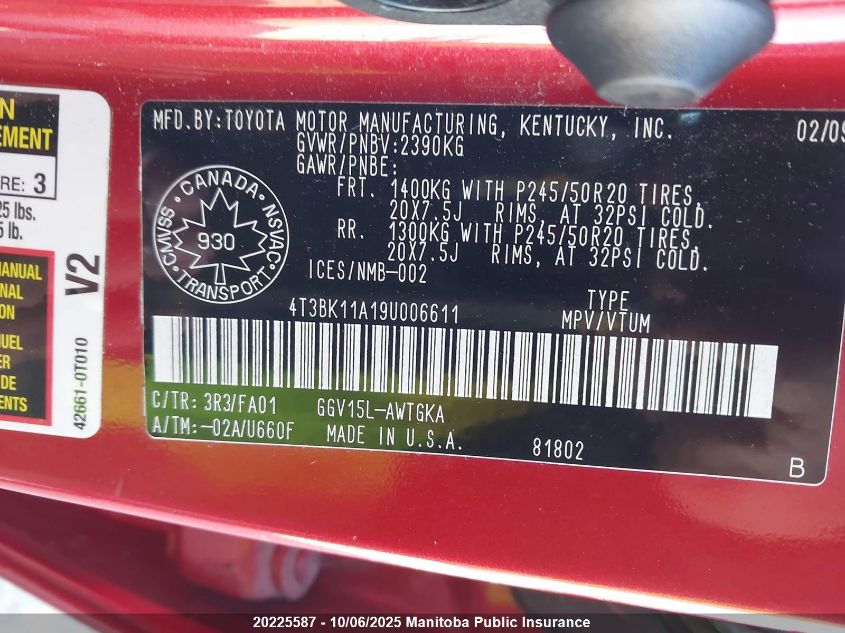 2009 Toyota Venza V6 VIN: 4T3BK11A19U006611 Lot: 20225587