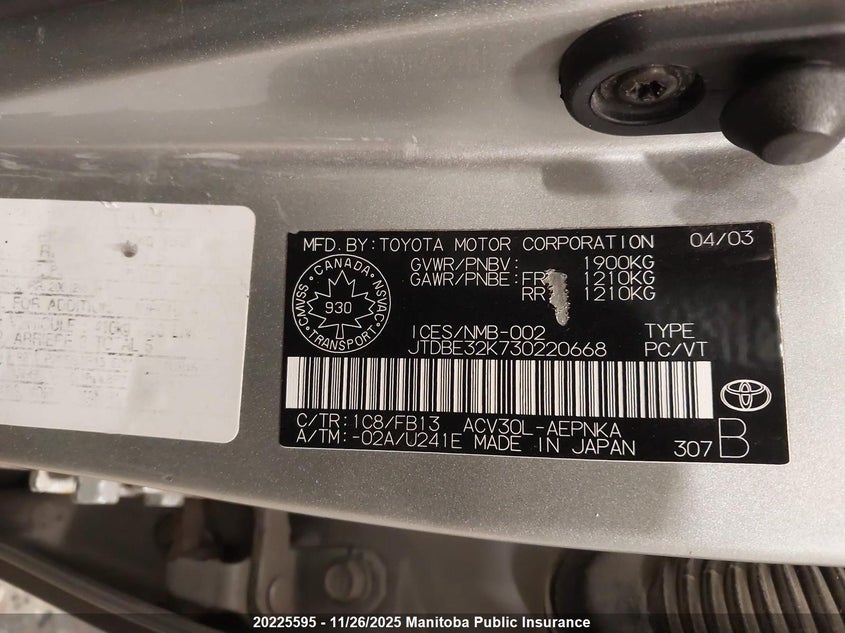 2003 Toyota Camry Le VIN: JTDBE32K730220668 Lot: 20225595